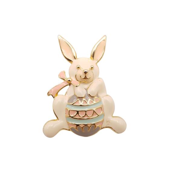 Vintage Steinmetz SFJ Bunny Rabbit Brooch Gold Tone Pastel Enamel Easter Egg - Picture 1 of 5